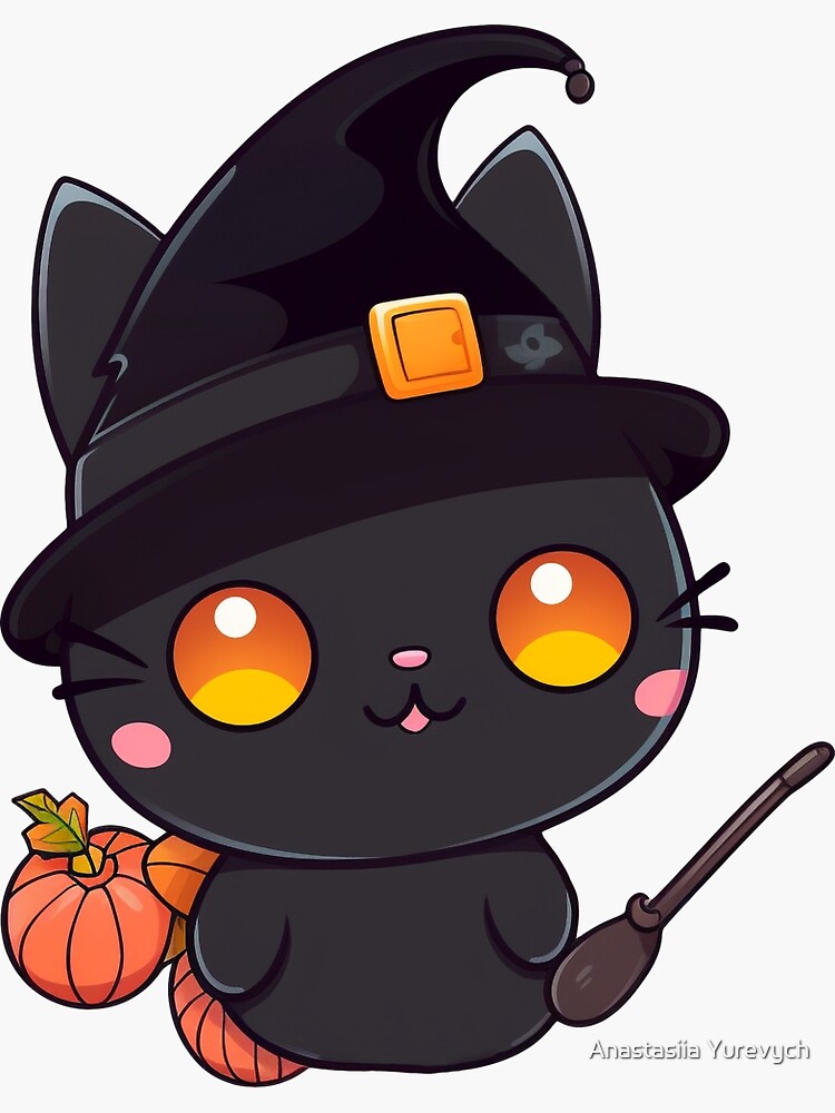 Sticker for Sale mit  Hexenkatze in Schwarz mit Hut. Süßes oder Saures  Halloween-Party. Süße Bilder von schwarzen Katzen von Anastasiia Yurevych