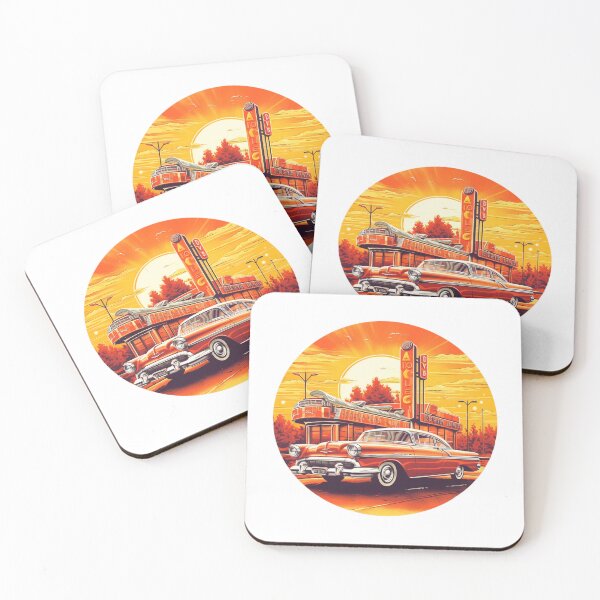 Item preview, Red vintage car in front of a classic diner designed and sold by GoodOldVintage.