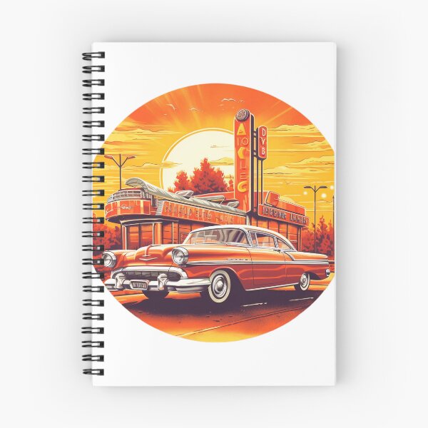 Item preview, Red vintage car in front of a classic diner designed and sold by GoodOldVintage.