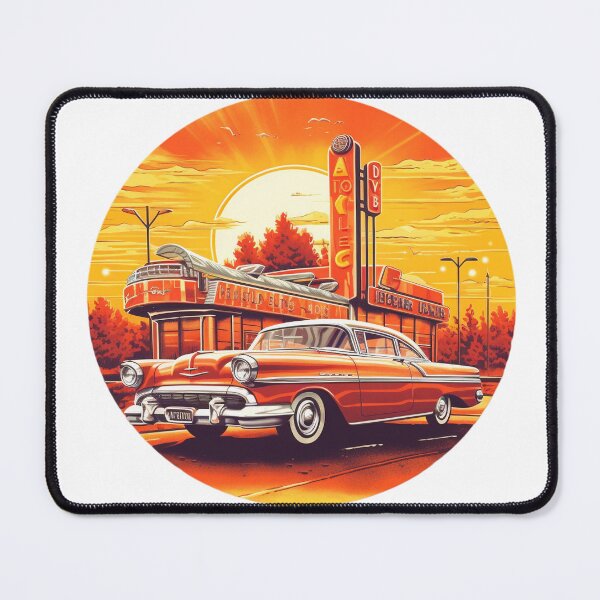 Item preview, Red vintage car in front of a classic diner designed and sold by GoodOldVintage.