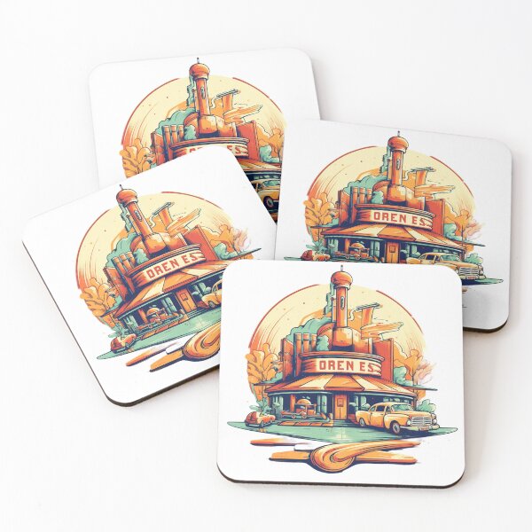 Item preview, Yellow vintage car in front of a classic diner designed and sold by GoodOldVintage.
