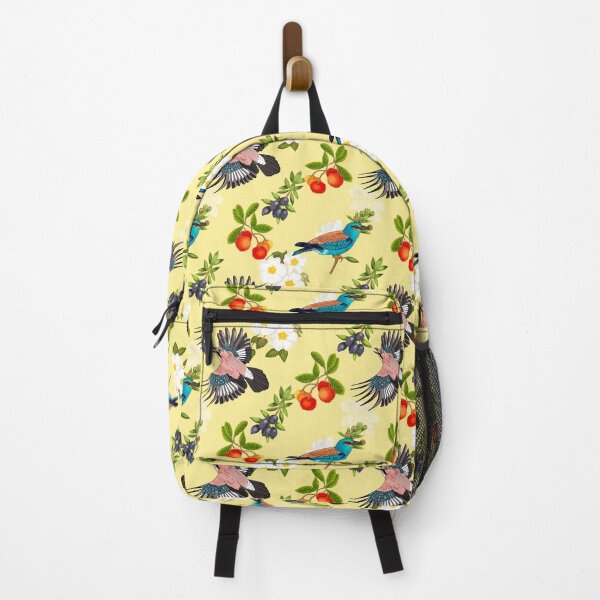 Item preview, Maremma life, European roller bird and Eurasian Jay, layered with flowers. Butter yellow designed and sold by Naty Design Prague.