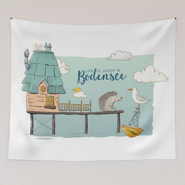 Item preview, Pile dwellings on Lake Constance - cute motif with hedgehog and seagull designed and sold by hilledesign.