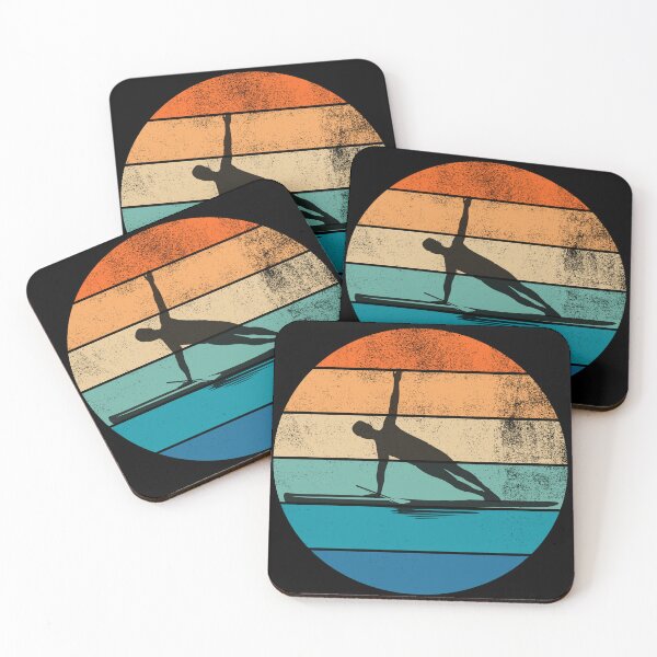 Item preview, Guy doing yoga on a SUP - stand up paddleboard - with retro sunset designed and sold by aliveinmiddle.