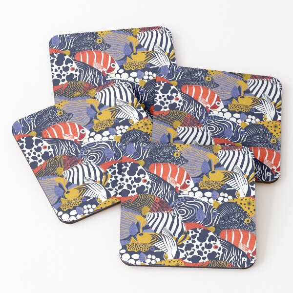 Item preview, So-fish-ticated pattern clash // oxford navy blue neon orange red yellow and electric blue quirky angelfishes and other fishes  designed and sold by SelmaCardoso.