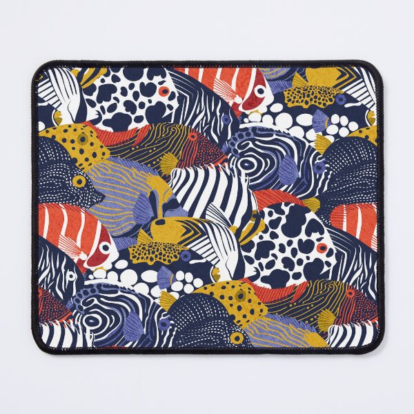 Item preview, So-fish-ticated pattern clash // oxford navy blue neon orange red yellow and electric blue quirky angelfishes and other fishes designed and sold by SelmaCardoso.