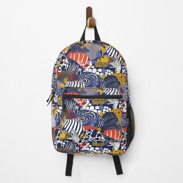 Item preview, So-fish-ticated pattern clash // oxford navy blue neon orange red yellow and electric blue quirky angelfishes and other fishes designed and sold by SelmaCardoso.