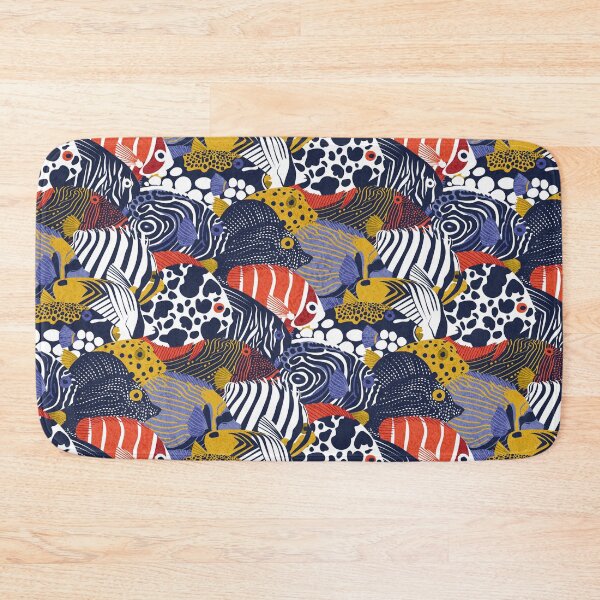 Item preview, So-fish-ticated pattern clash // oxford navy blue neon orange red yellow and electric blue quirky angelfishes and other fishes  designed and sold by SelmaCardoso.