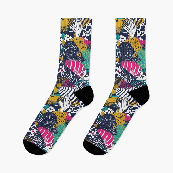 Item preview, So-fish-ticated pattern clash // oxford navy blue fuchsia pink red yellow and teal quirky angelfishes and other fishes  designed and sold by SelmaCardoso.