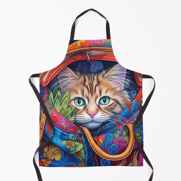Item preview, Mysterious brown tabby cat hides in a colorful fabric bag with brown leather straps, peeping out at you with blue eyes wide open designed and sold by Richenda.