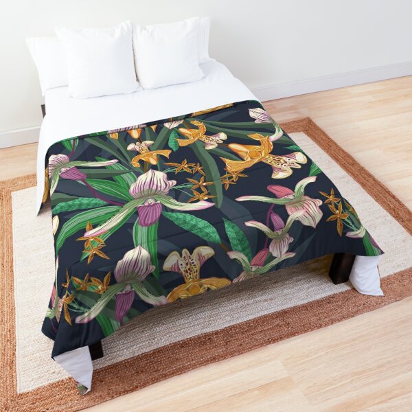 Wonderful yellow and purple orchid in the dark forest  Comforter