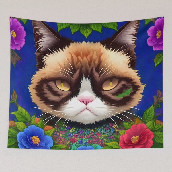 Item preview, Trippy DMT Extremely Grumpy Cat with Flowers - Colorful designed and sold by Aaron2610.