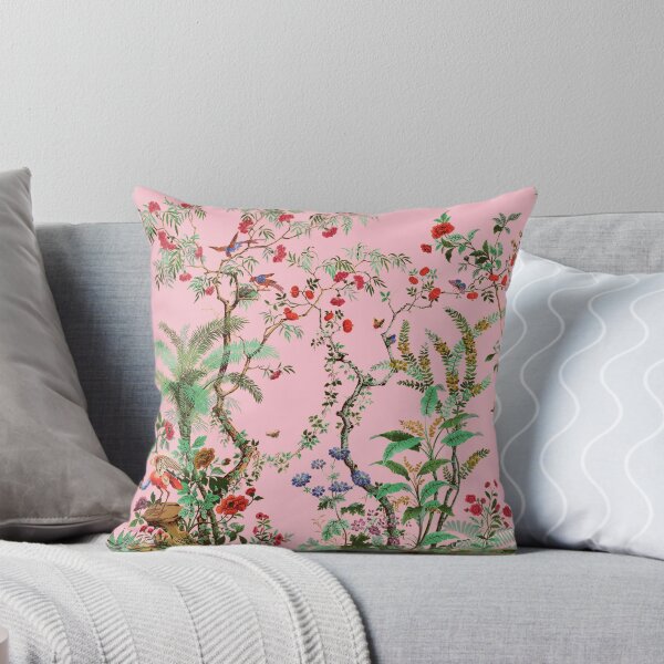 Vintage Chinoiserie Design | Pink & Green Floral Rose Print | P482 Throw Pillow