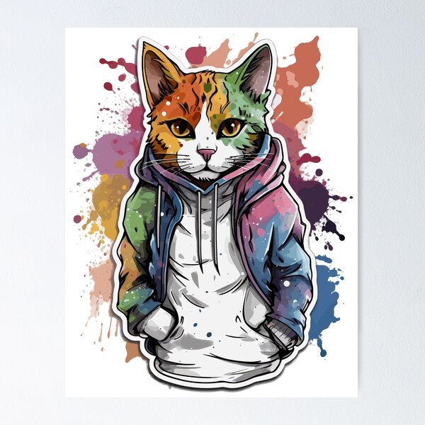 Item preview, Colorful Watercolor Cat in Hoodie - Cool & Artsy Feline Design designed and sold by SweetWhiskers.