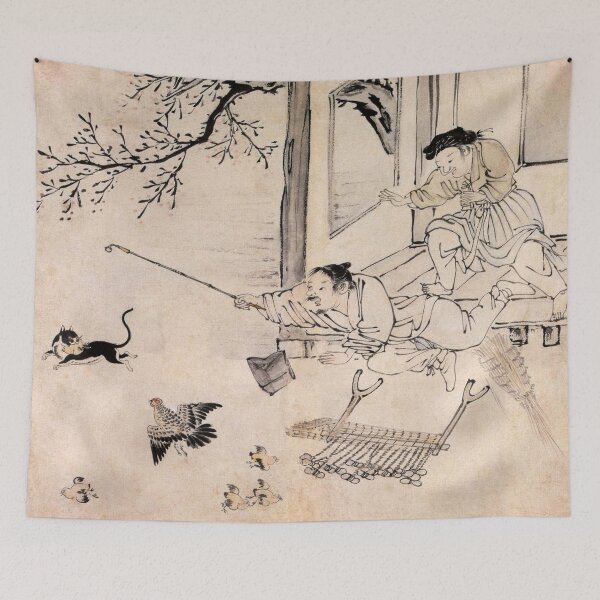 Item preview, Korean Painting Minhwa Cat Bites Chick and Runs Away designed and sold by tangerinemars.
