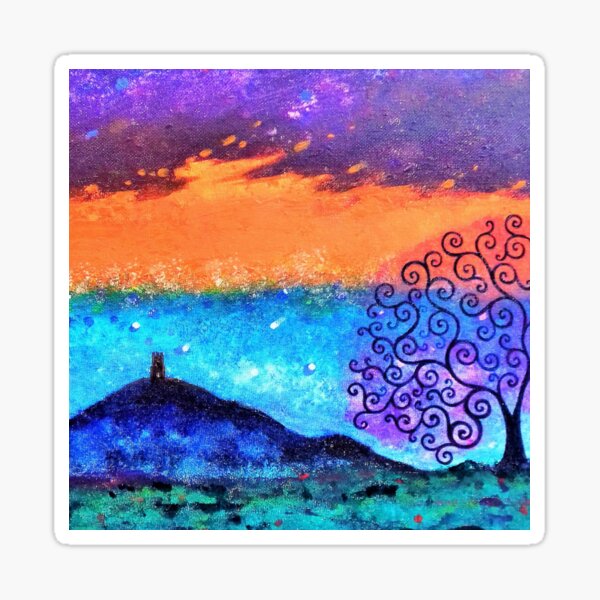 Glastonbury Tor, Tree of Life & Orange Sky Sticker