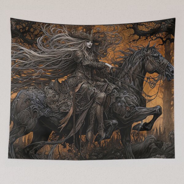 Item preview, The Forest 'woman Rider-horse-netherlands-dark-trees-haze-vintage-horse riding designed and sold by Hermossa-Art.