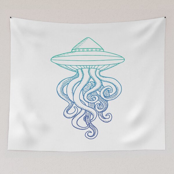 Item preview, UFO Ocotopus Hybrid Green Blue Line Art Drawing Illustration designed and sold by Ciara Shortall.
