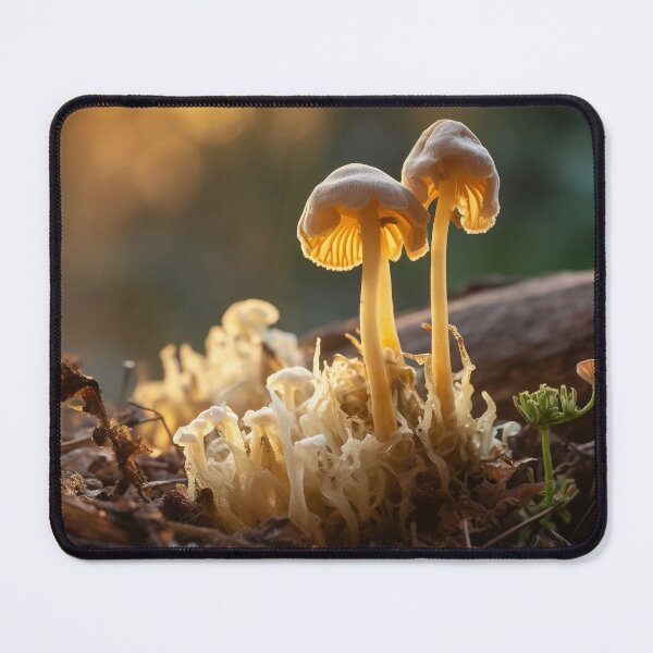 Item preview, Magic mushrooms - realistic mushrooms glow with a sunrise in the background. Macro shot with a shallow depth of field with a low-angle view. designed and sold by stu-fly.