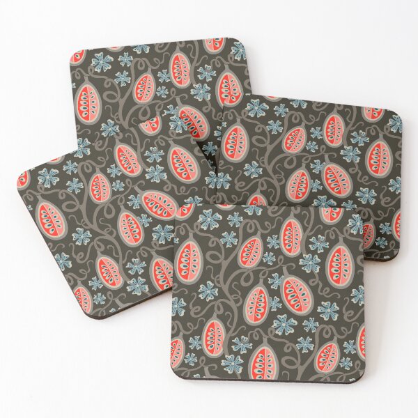 Item preview, AMBROSIA Fantasy Floral Botanical with Graphic Fun Melon Fruit Pattern in Coral and Earth Tones on Dark Brown - UnBlink Studio by Jackie Tahara designed and sold by Jackie Tahara of UnBlink Studio.