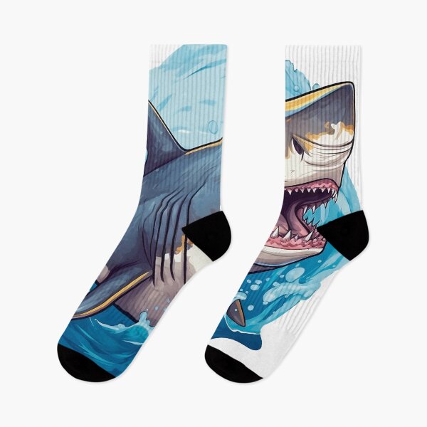 Item preview, Great white shark with open jaw surfing the waves and drawn in comic anime style designed and sold by StickySociety.