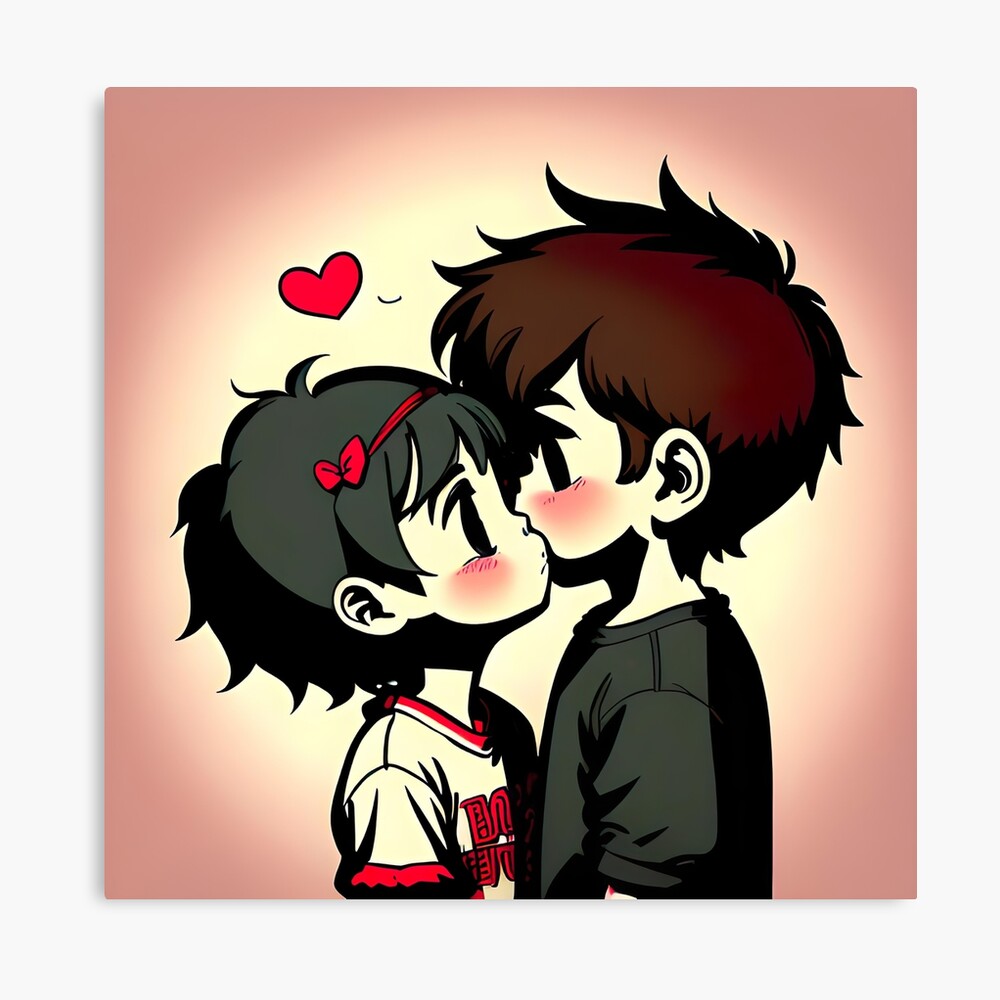 Boy kissing girl, both blushing in cartoon 