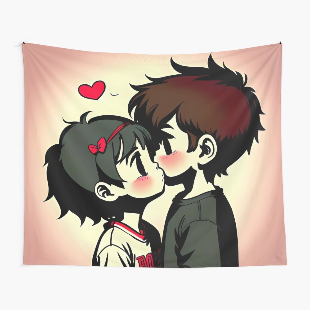 Boy kissing girl, both blushing in cartoon 