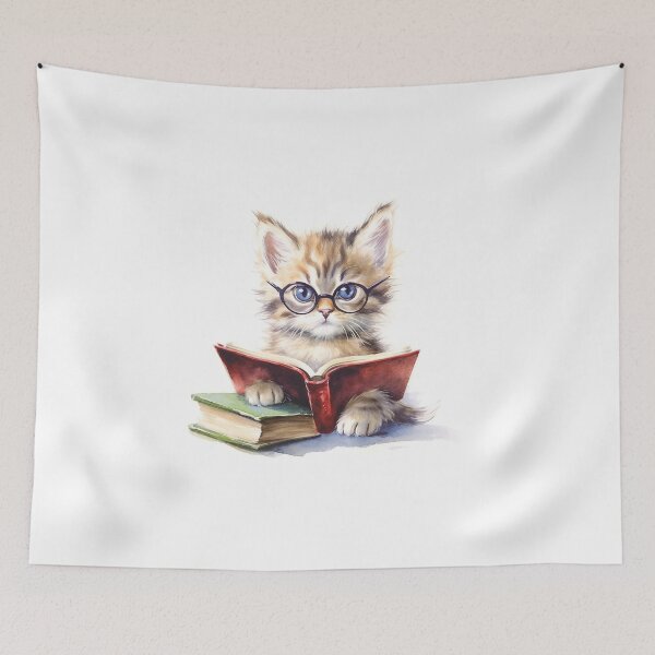 Item preview, Watercolor Cat Kitten Reading Book #002 designed and sold by ArtworkbyJM.
