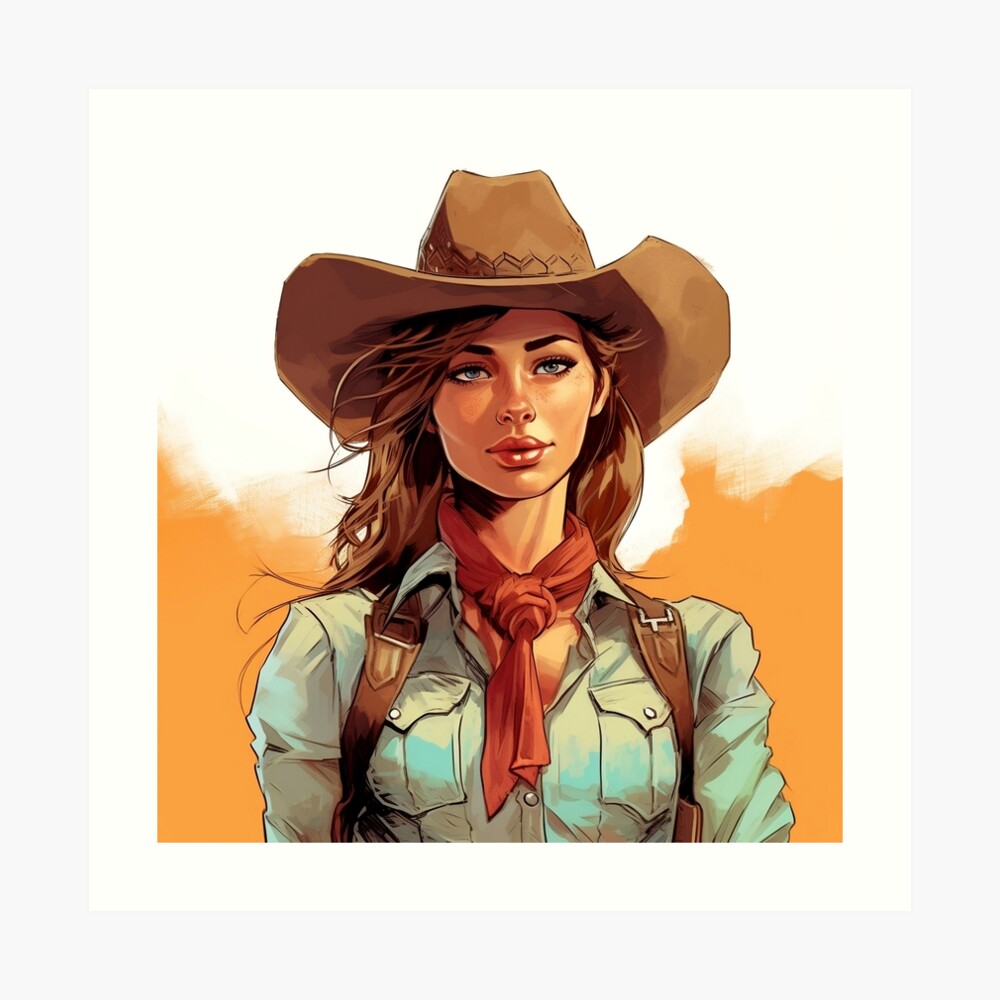 Beautiful Cowgirls: Pop Art Comic Pin-Up Style 70s Girl with brown hair and  cowboy hat #1