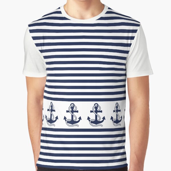 Nautical blue and white stripes with navy blue anchor | Graphic T-Shirt