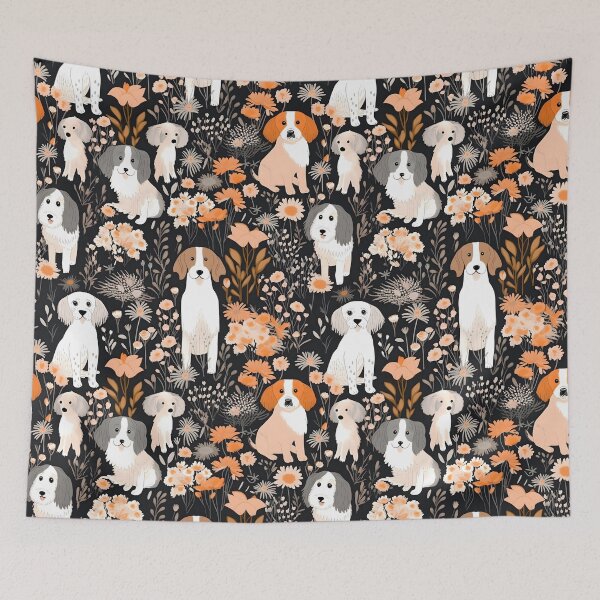 Aperçu de l'œuvre Boho Dog and floral  illustrations in light pink, black, amber brown and white. créée et vendue par SceneInADream.