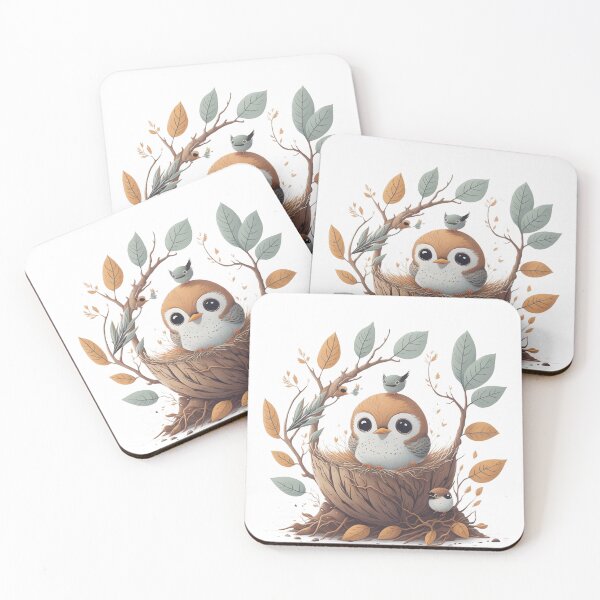 Item preview, Mummy Bird and Her Chicks" - A cozy and heartwarming illustration of a cute mummy bird and her babies in their nest surrounded by lush leaves. designed and sold by hudaG.