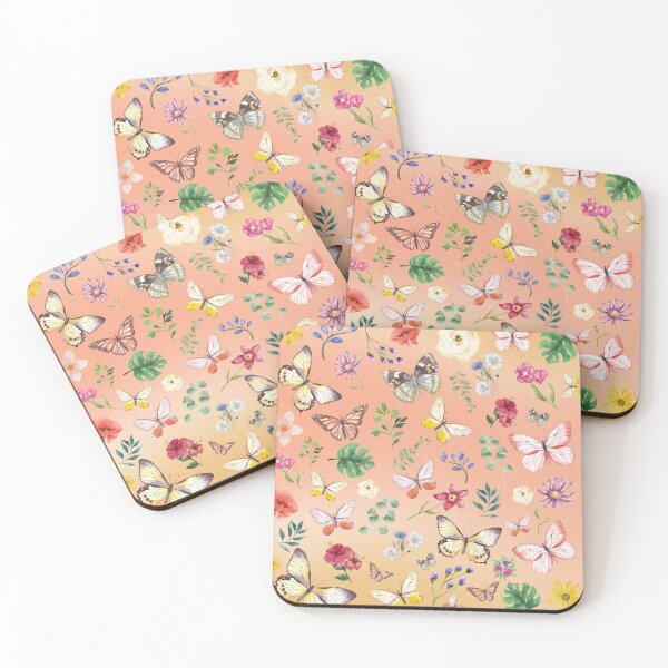 Item preview, Abstract Pink Color Gradient Watercolor  Background with  Butterfly, Leaf & Floral Patterns ｜Retro Pattern Vintage Design designed and sold by mooncreatio.