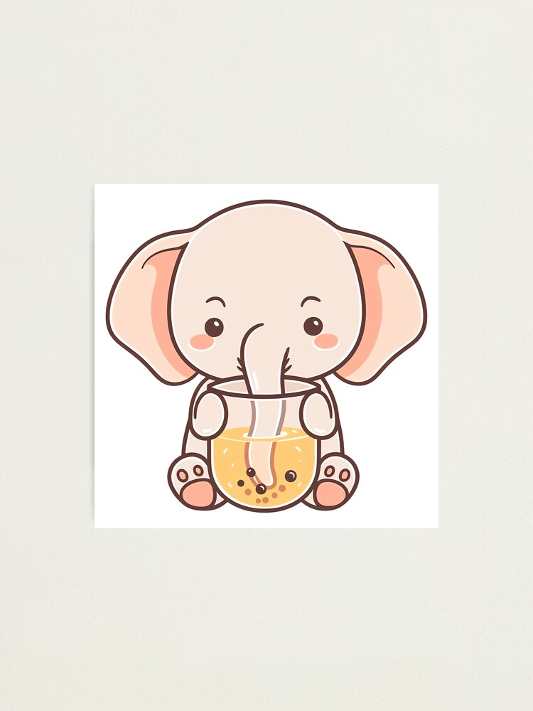 Cute Cartoon Elephant Drinking Bubble Tea | Photographic Print