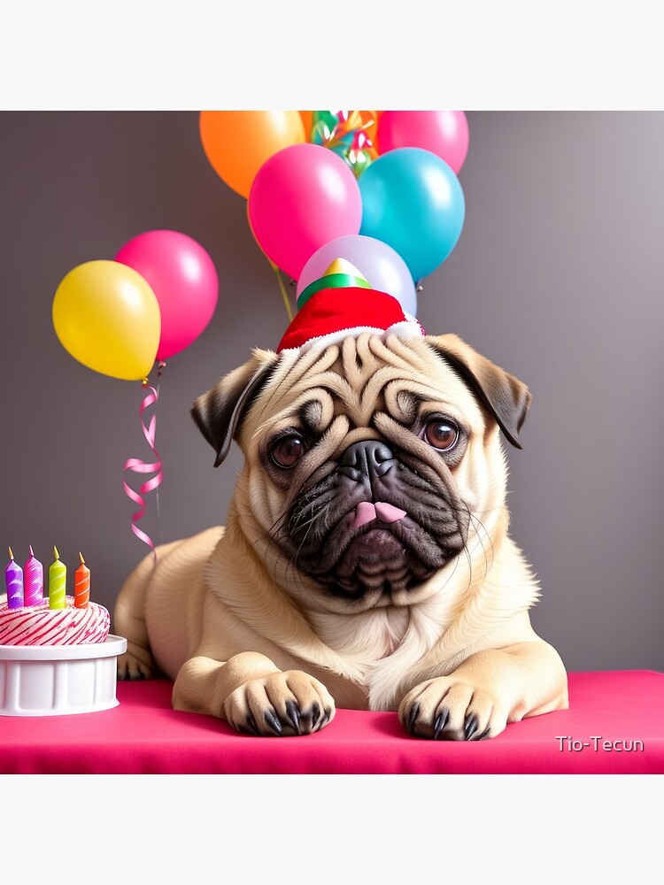 Adorable Pug in birthday party with party hat Greeting Card