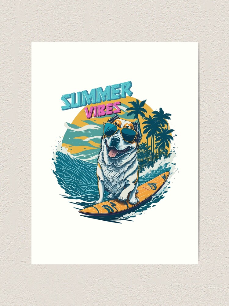 Summer vibes -Super cool dog surfing with chic sunglasses Art Print