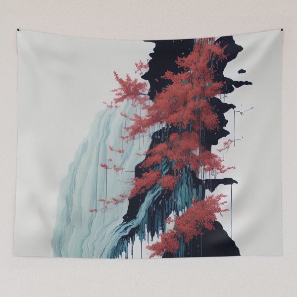 Item preview, Watercolor ukiyo waterfall and sakura dripping paint designed and sold by RK - Shop.