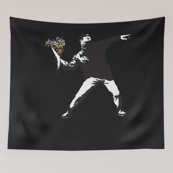 Item preview, Banksy graffiti Protest anarchist throwing flowers Thrower Make Art not war on whites background HD designed and sold by nalinabendsk.