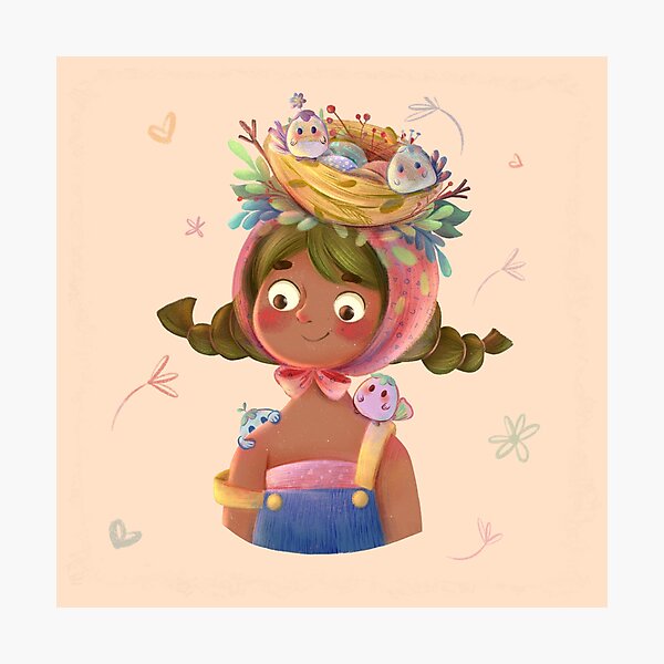 Cute Nest Little Girl with Magical Birds and Easter Colorful Eggs Photographic Print