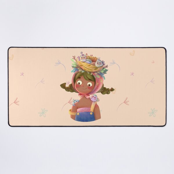Cute Nest Little Girl with Magical Birds and Easter Colorful Eggs Desk Mat