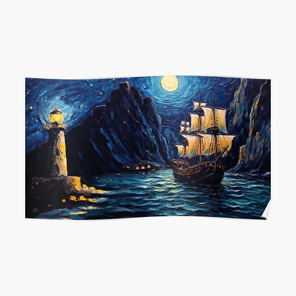 Van Gogh Style Pirate Ship in Harbor Poster
