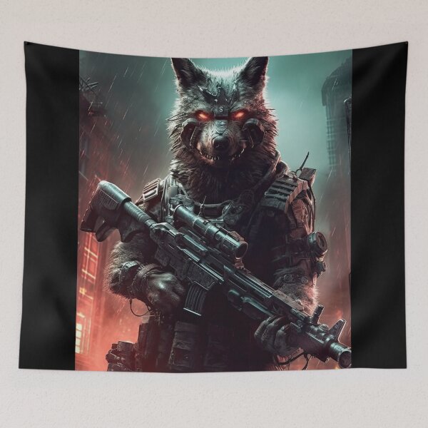 Item preview, Cyberpunk Wolf - Augmented Techno Wolf with heavy assault rifle in dystopian cyberpunk future - original award winning designer, very high resolution designed and sold by CloudofKnowing.