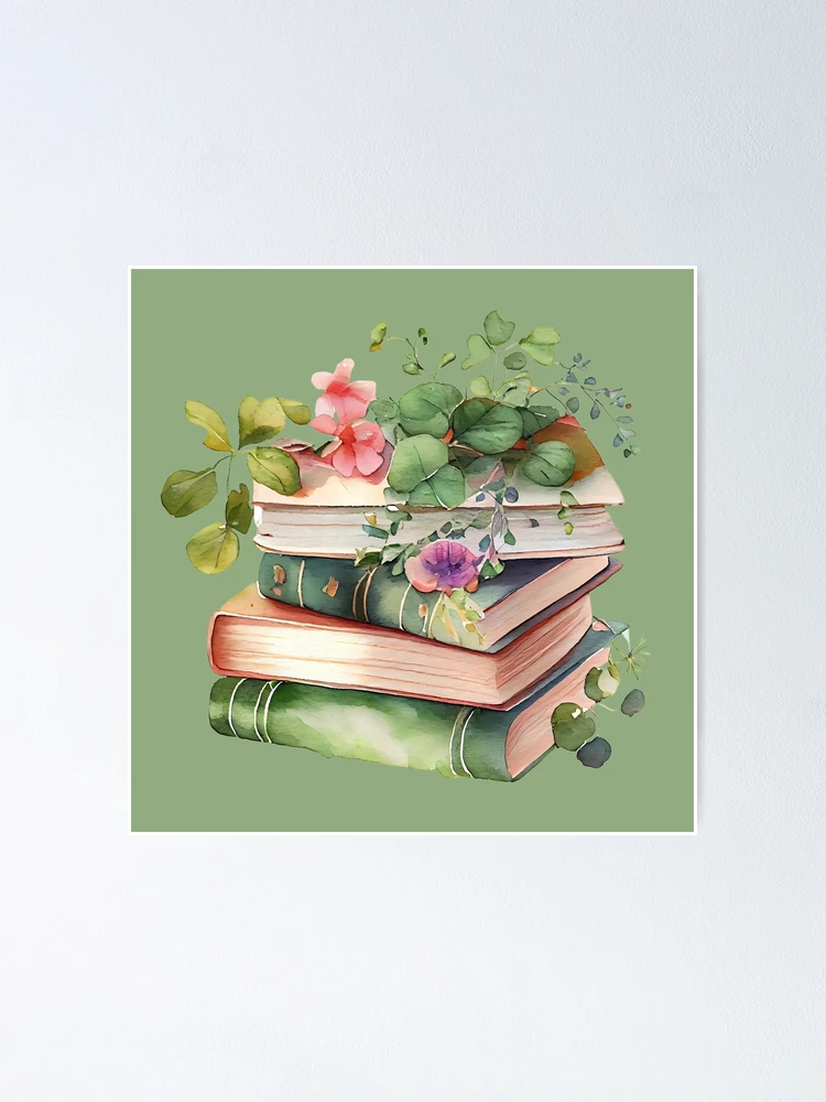 Book lover floral book stack watercolour Poster for Sale by