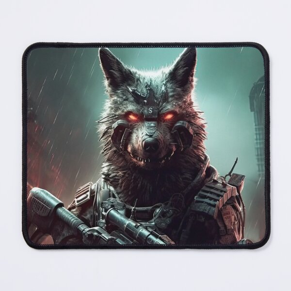 Item preview, Cyberpunk Wolf - Augmented Techno Wolf with heavy assault rifle in dystopian cyberpunk future - original award winning designer, very high resolution designed and sold by CloudofKnowing.