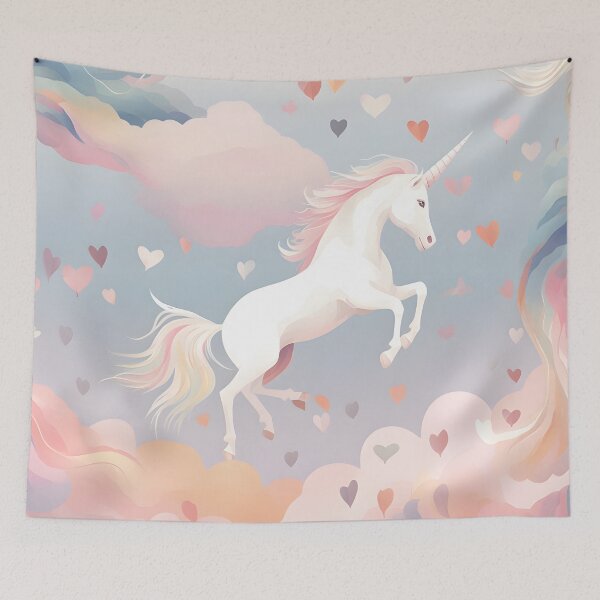 Item preview, Unicorn floating in a cloud of heart shaped clouds designed and sold by HaberkaDesign.