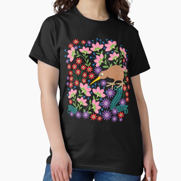OKARITO KIWI BIRD New Zealand Cute Flightless Birdy Wildlife Nature Comeback Species with Bug and Flowers in Bright Multi-Colours - UnBlink Studio by Jackie Tahara Classic T-Shirt