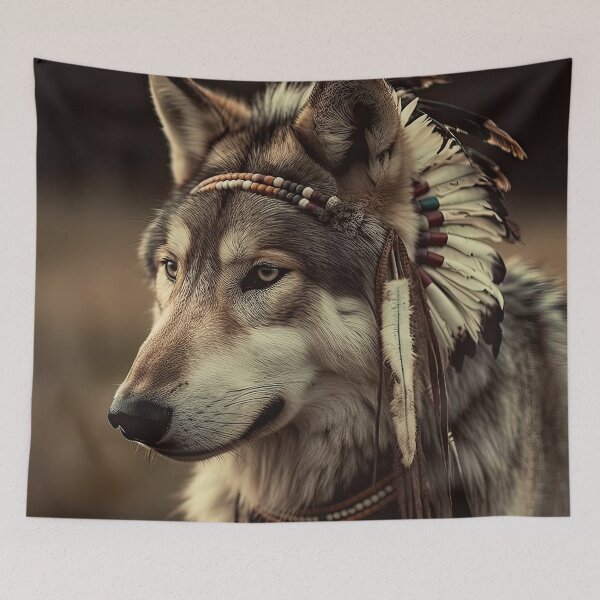 Item preview, Wolf Wearing Native American Headdress with Beads designed and sold by ETconnections.