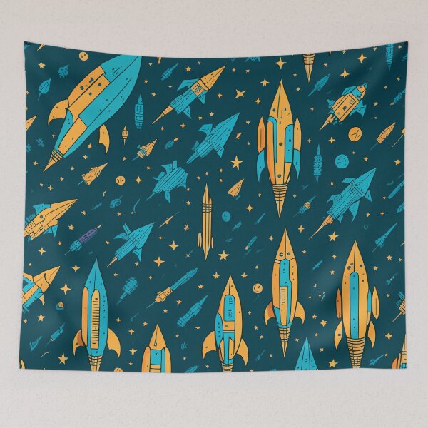 Item preview, Retro Rockets Pattern, Vintage Space Travel on Teal designed and sold by Itaya Art.