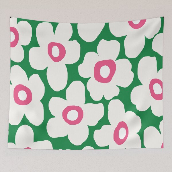 Item preview, Iconic Retro Scandinavian Summer Floral Pattern in Green, White and Pink designed and sold by Deutschic.