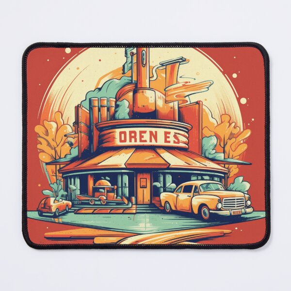 Item preview, Yellow vintage car in front of a classic diner designed and sold by GoodOldVintage.